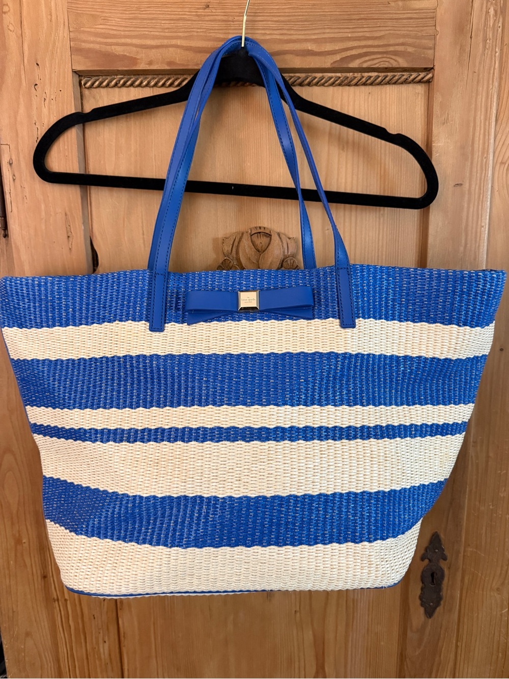kate spade Large Blue and White Striped Woven Tote with Bow Accent